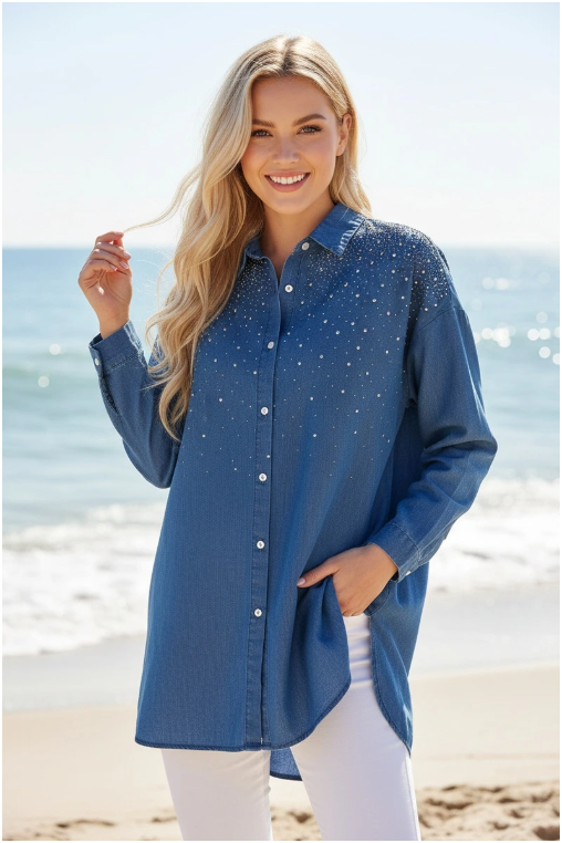Effen denimkleurige blouse met strassteentjes
