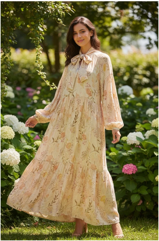 Lange jurk met bloemenprint en strikdetail