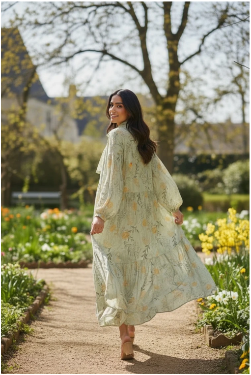 Lange jurk met bloemenprint en strikdetail