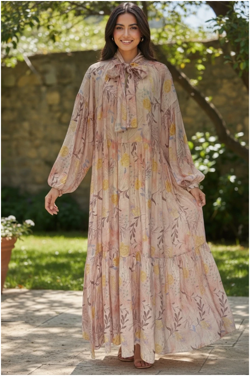 Lange jurk met bloemenprint en strikdetail